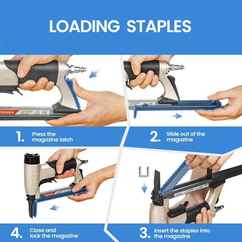 meite Upholstery Staple Gun with Extended Nose &Safety Trigger for 20 Gauge 1/2-Inch Crown Staples, Heavy-Duty Pneumatic Stapler for Woodworking and Decoration DIY Projects (Model MT5016SLN) - Image 4